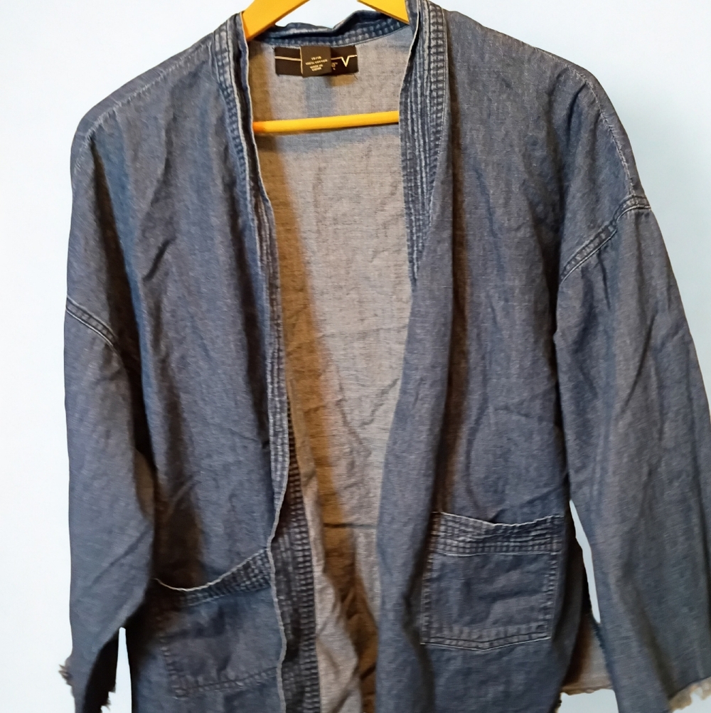 Venezia Denim Jean Jacket Poncho With Fringe And Pockets Women's Size 14/16